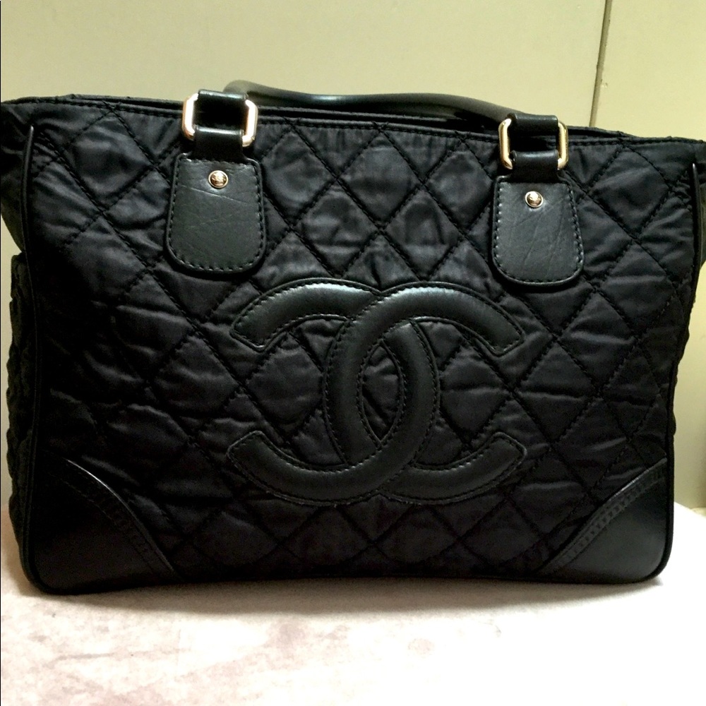 CHANEL Vintage Black Nylon Leather Tote